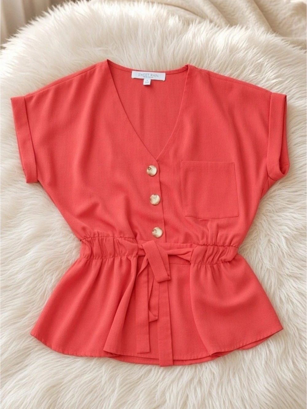 Sweet Rain Coral Peplum Blouse | Button Front, Tie Waist Size Small